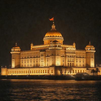 The primary subject of the image is a large, ornate building with a golden dome, situated on a body of water. The building appears to be a palace or a significant historical structure. The setting is a nighttime scene, with the building's lights illuminating the area. The visual style of the image is a black and white photo, which adds a sense of timelessness and elegance to the scene. The colors and mood of the image are predominantly dark, with the building's lights and the water